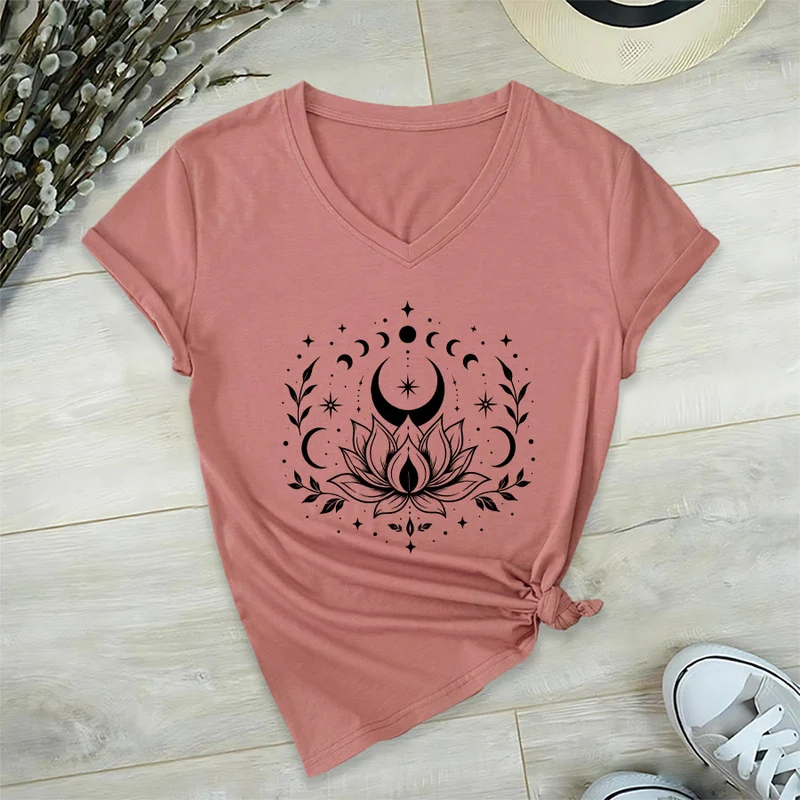 Olivenorma Damen-T-Shirt mit V-Ausschnitt, Mond-Lotus-Motiv, Vorder- und Rückseite doppelt bedruckt