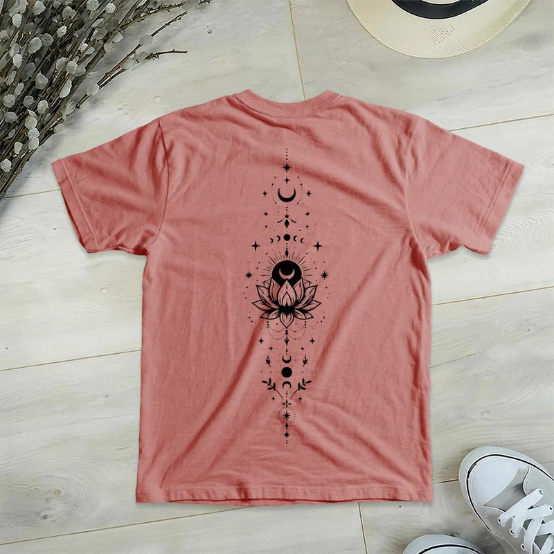 Olivenorma Damen-T-Shirt mit V-Ausschnitt, Mond-Lotus-Motiv, Vorder- und Rückseite doppelt bedruckt