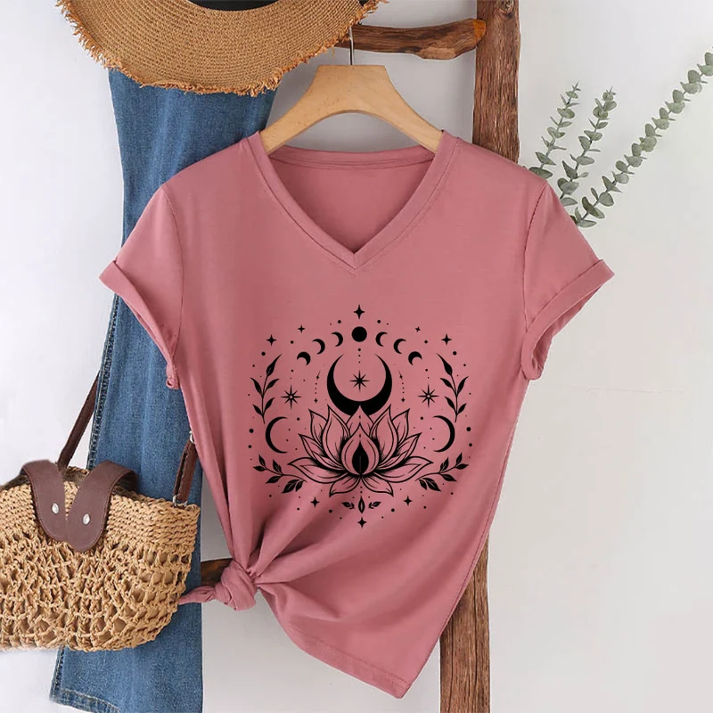 Olivenorma Damen-T-Shirt mit V-Ausschnitt, Mond-Lotus-Motiv, Vorder- und Rückseite doppelt bedruckt