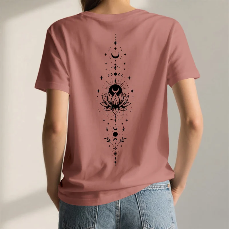 Olivenorma Damen-T-Shirt mit V-Ausschnitt, Mond-Lotus-Motiv, Vorder- und Rückseite doppelt bedruckt