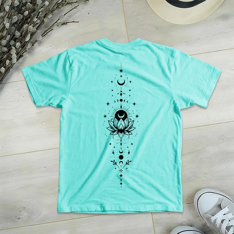 Olivenorma Damen-T-Shirt mit V-Ausschnitt, Mond-Lotus-Motiv, Vorder- und Rückseite doppelt bedruckt