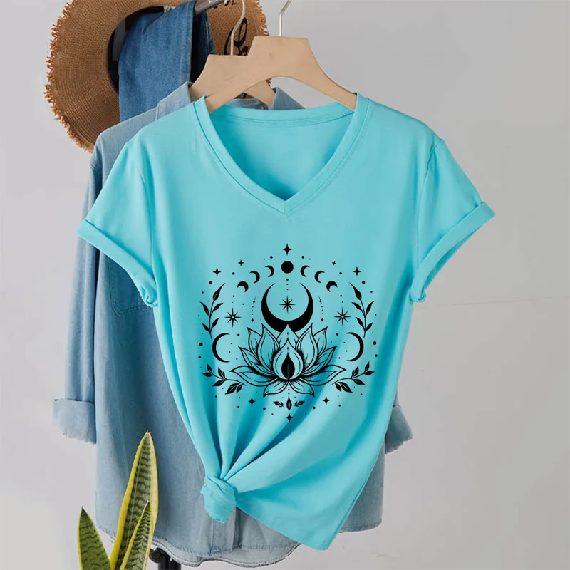 Olivenorma Damen-T-Shirt mit V-Ausschnitt, Mond-Lotus-Motiv, Vorder- und Rückseite doppelt bedruckt