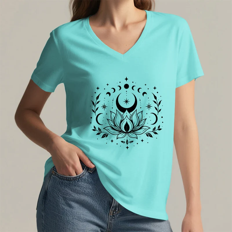 Olivenorma Damen-T-Shirt mit V-Ausschnitt, Mond-Lotus-Motiv, Vorder- und Rückseite doppelt bedruckt
