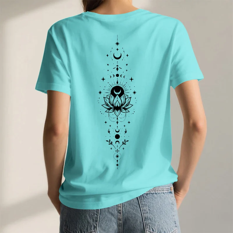 Olivenorma Damen-T-Shirt mit V-Ausschnitt, Mond-Lotus-Motiv, Vorder- und Rückseite doppelt bedruckt