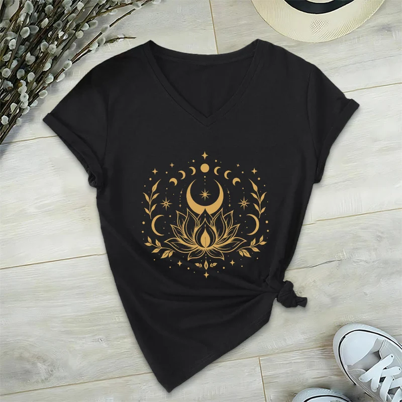 Olivenorma Damen-T-Shirt mit V-Ausschnitt, Mond-Lotus-Motiv, Vorder- und Rückseite doppelt bedruckt