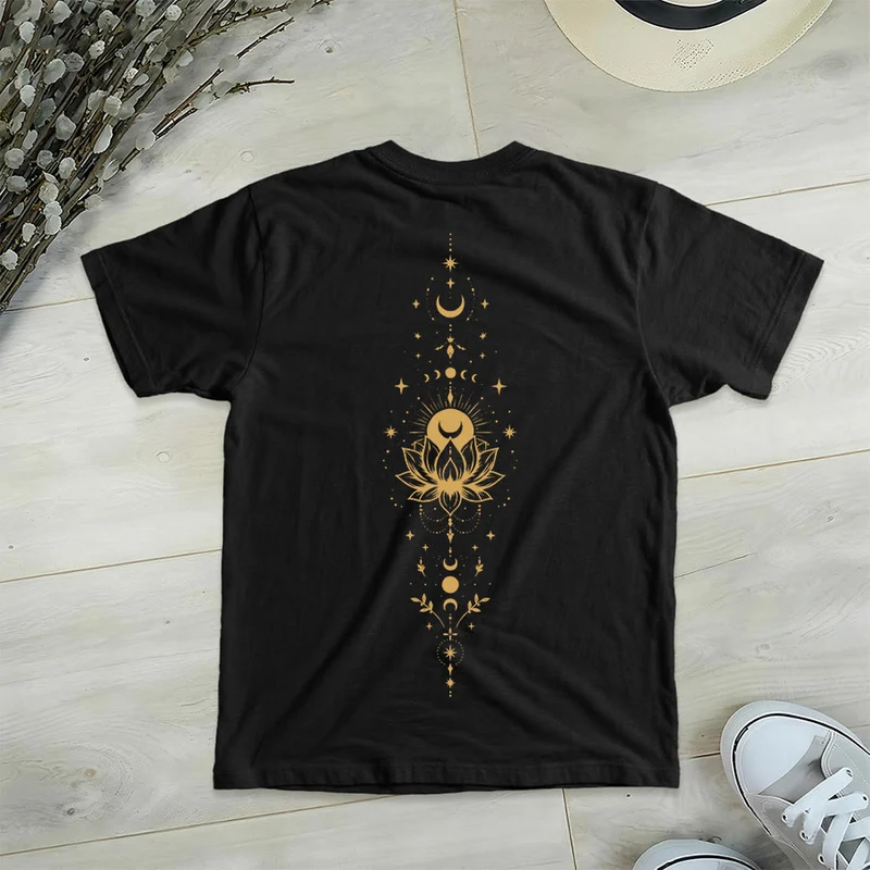 Olivenorma Damen-T-Shirt mit V-Ausschnitt, Mond-Lotus-Motiv, Vorder- und Rückseite doppelt bedruckt
