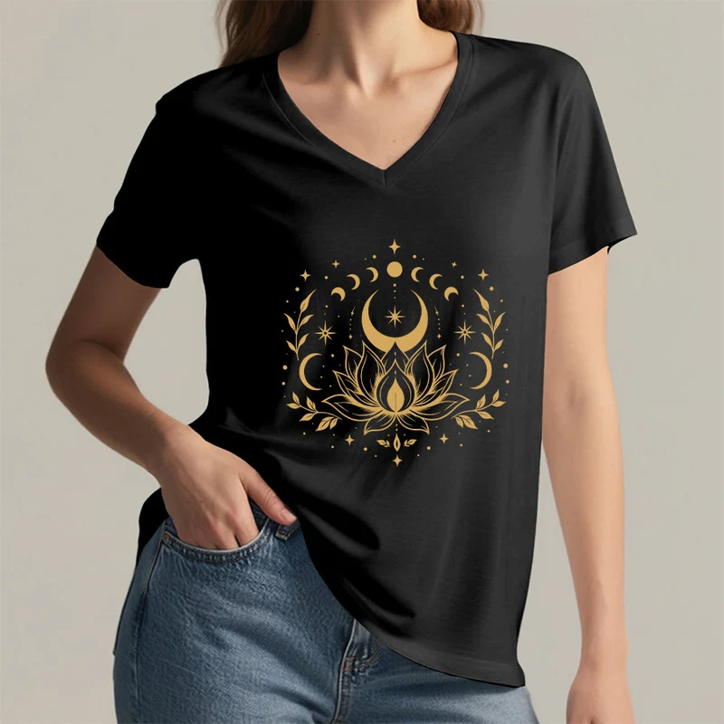 Olivenorma Damen-T-Shirt mit V-Ausschnitt, Mond-Lotus-Motiv, Vorder- und Rückseite doppelt bedruckt
