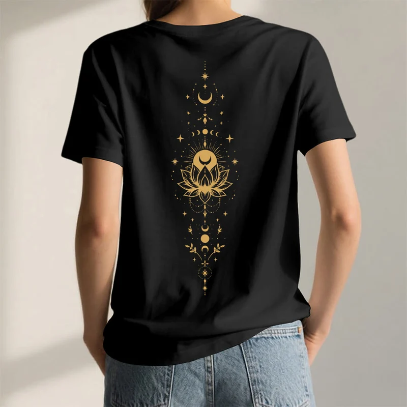 Olivenorma Damen-T-Shirt mit V-Ausschnitt, Mond-Lotus-Motiv, Vorder- und Rückseite doppelt bedruckt