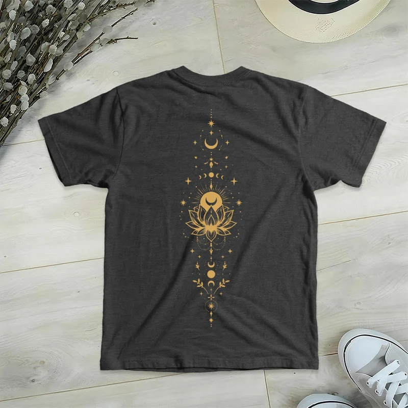 Olivenorma Damen-T-Shirt mit V-Ausschnitt, Mond-Lotus-Motiv, Vorder- und Rückseite doppelt bedruckt