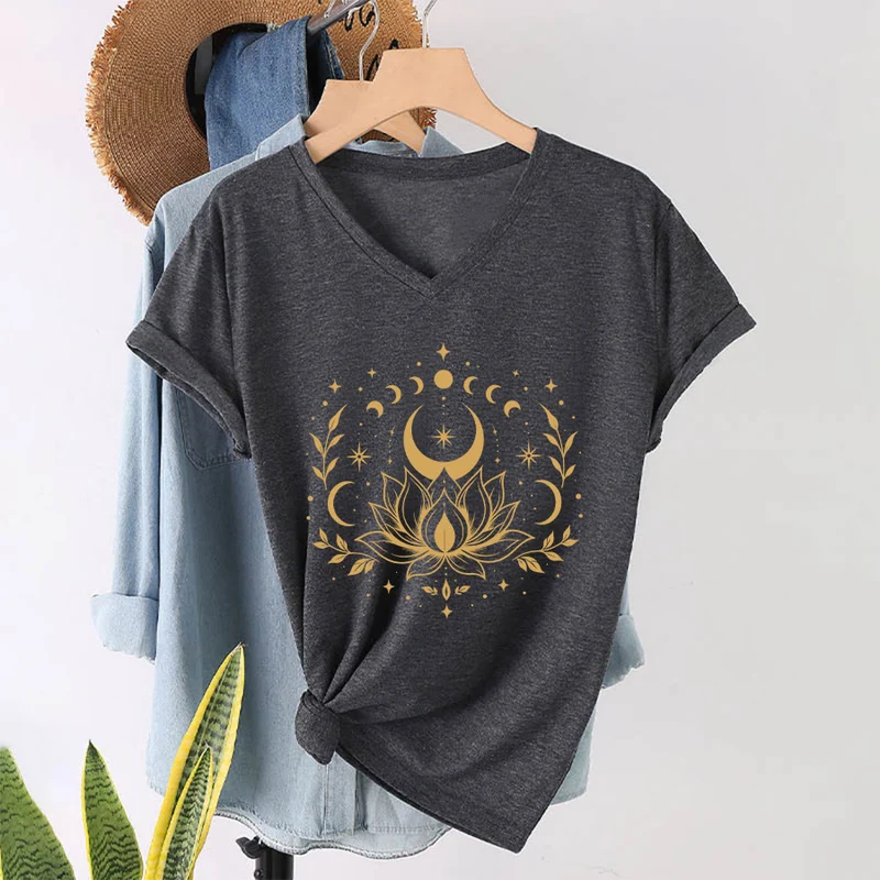 Olivenorma Damen-T-Shirt mit V-Ausschnitt, Mond-Lotus-Motiv, Vorder- und Rückseite doppelt bedruckt