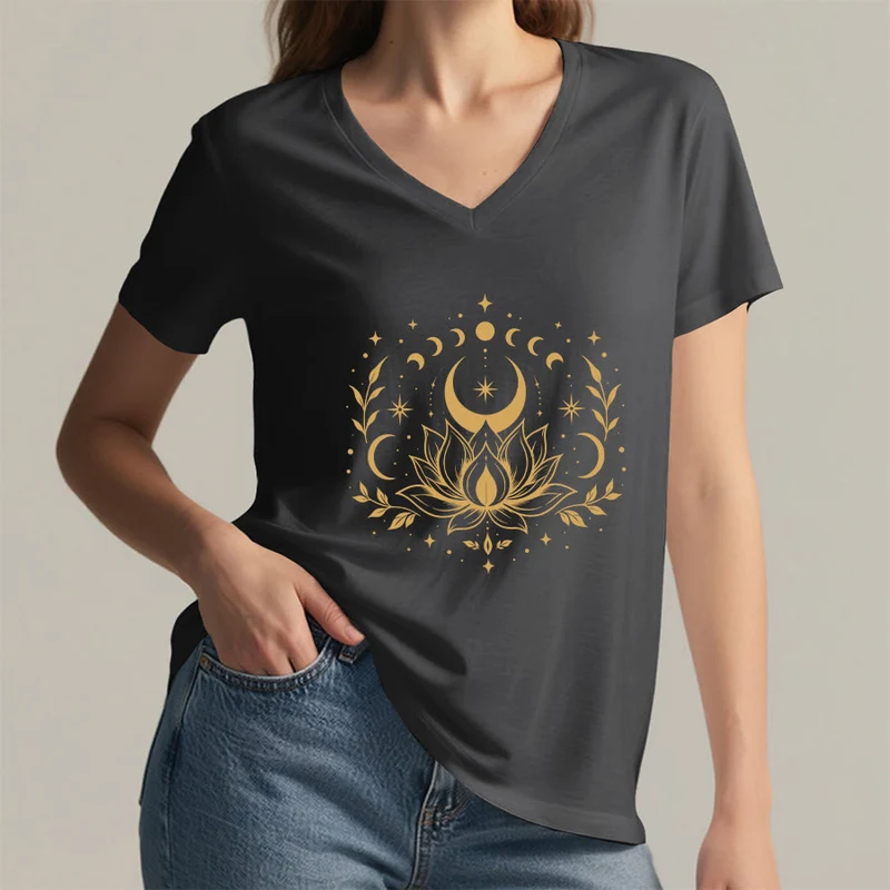 Olivenorma Damen-T-Shirt mit V-Ausschnitt, Mond-Lotus-Motiv, Vorder- und Rückseite doppelt bedruckt