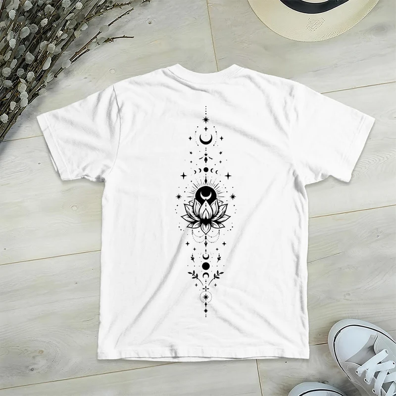 Olivenorma Damen-T-Shirt mit V-Ausschnitt, Mond-Lotus-Motiv, Vorder- und Rückseite doppelt bedruckt