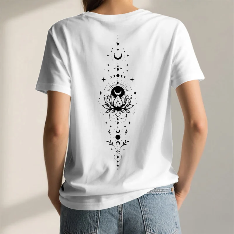 Olivenorma Damen-T-Shirt mit V-Ausschnitt, Mond-Lotus-Motiv, Vorder- und Rückseite doppelt bedruckt