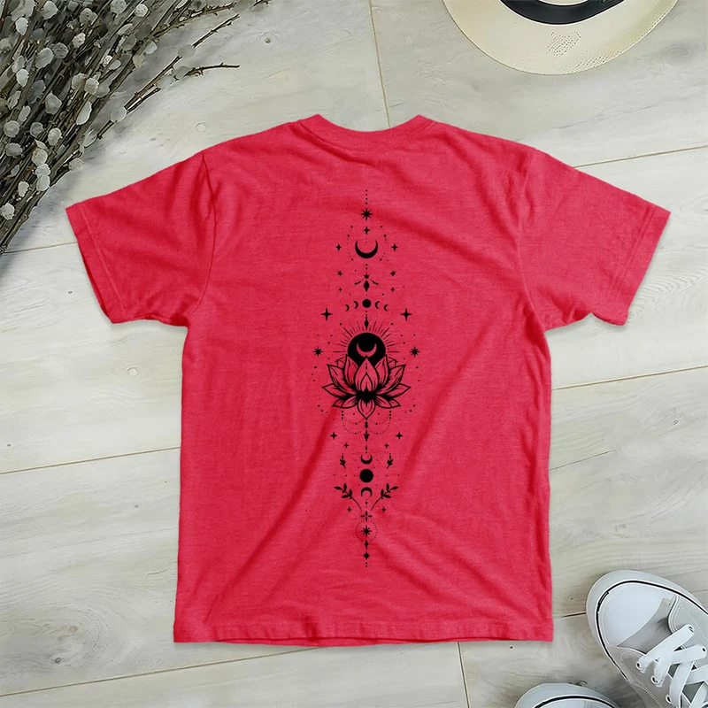 Olivenorma Damen-T-Shirt mit V-Ausschnitt, Mond-Lotus-Motiv, Vorder- und Rückseite doppelt bedruckt