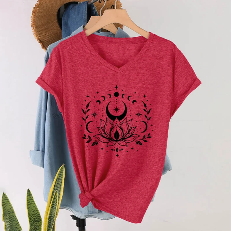 Olivenorma Damen-T-Shirt mit V-Ausschnitt, Mond-Lotus-Motiv, Vorder- und Rückseite doppelt bedruckt