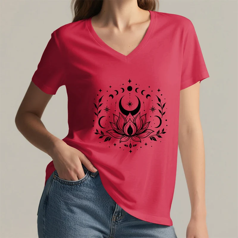 Olivenorma Damen-T-Shirt mit V-Ausschnitt, Mond-Lotus-Motiv, Vorder- und Rückseite doppelt bedruckt