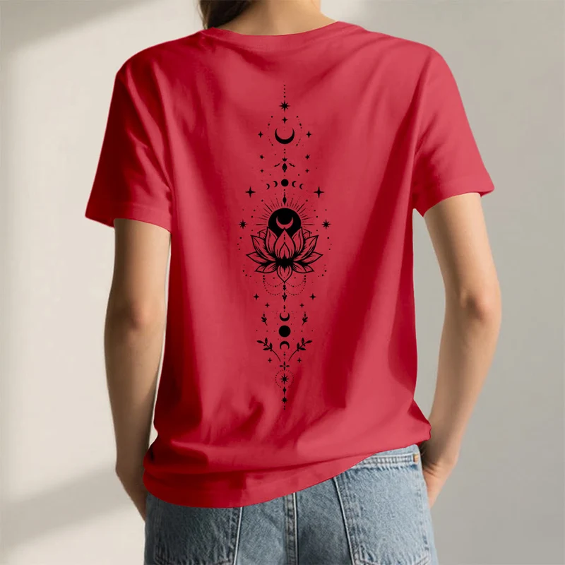 Olivenorma Damen-T-Shirt mit V-Ausschnitt, Mond-Lotus-Motiv, Vorder- und Rückseite doppelt bedruckt