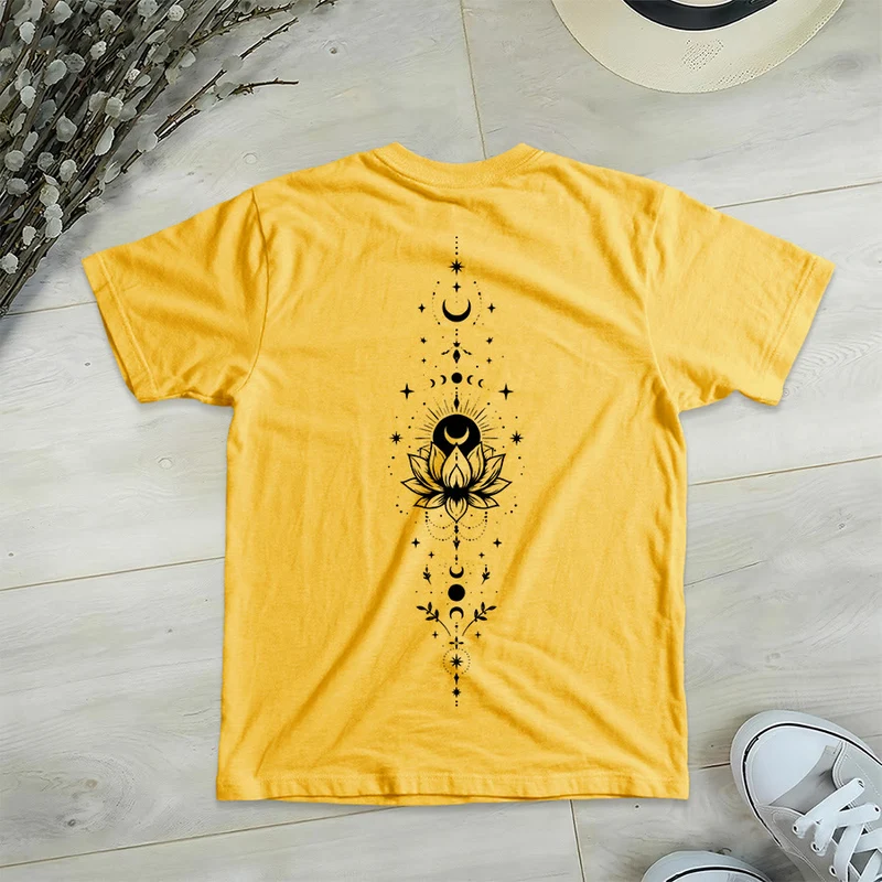 Olivenorma Damen-T-Shirt mit V-Ausschnitt, Mond-Lotus-Motiv, Vorder- und Rückseite doppelt bedruckt