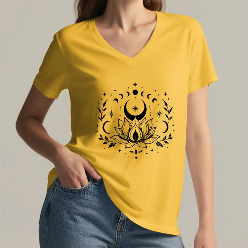 Olivenorma Damen-T-Shirt mit V-Ausschnitt, Mond-Lotus-Motiv, Vorder- und Rückseite doppelt bedruckt