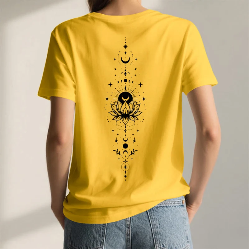 Olivenorma Damen-T-Shirt mit V-Ausschnitt, Mond-Lotus-Motiv, Vorder- und Rückseite doppelt bedruckt