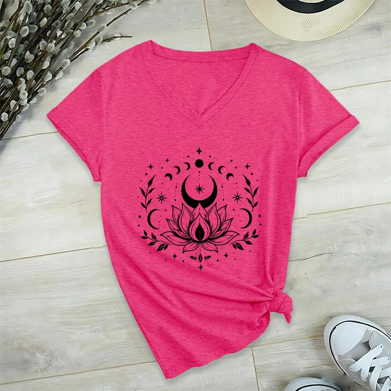 Olivenorma Damen-T-Shirt mit V-Ausschnitt, Mond-Lotus-Motiv, Vorder- und Rückseite doppelt bedruckt