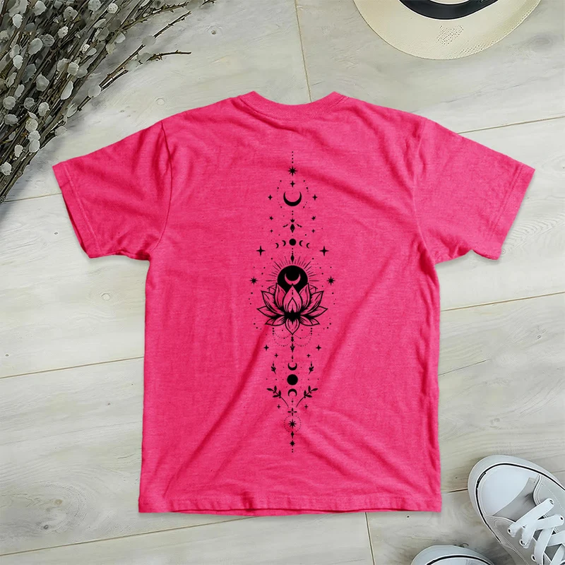 Olivenorma Damen-T-Shirt mit V-Ausschnitt, Mond-Lotus-Motiv, Vorder- und Rückseite doppelt bedruckt