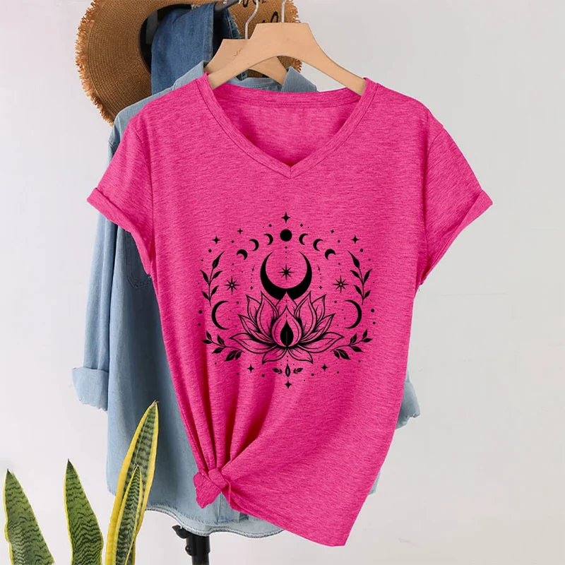 Olivenorma Damen-T-Shirt mit V-Ausschnitt, Mond-Lotus-Motiv, Vorder- und Rückseite doppelt bedruckt