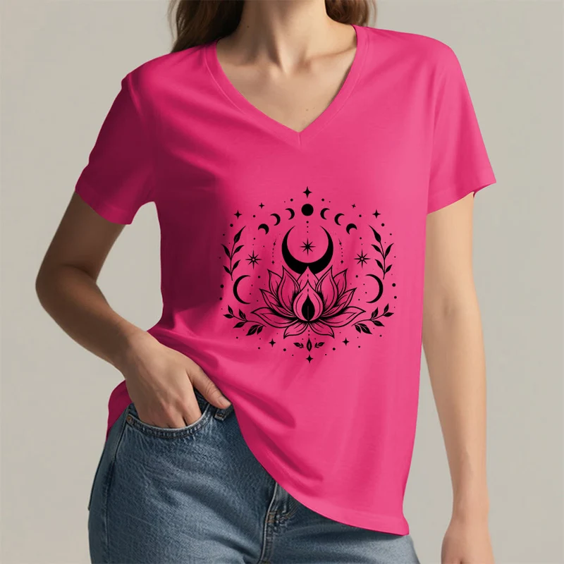 Olivenorma Damen-T-Shirt mit V-Ausschnitt, Mond-Lotus-Motiv, Vorder- und Rückseite doppelt bedruckt