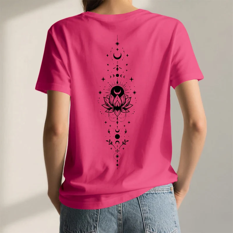Olivenorma Damen-T-Shirt mit V-Ausschnitt, Mond-Lotus-Motiv, Vorder- und Rückseite doppelt bedruckt