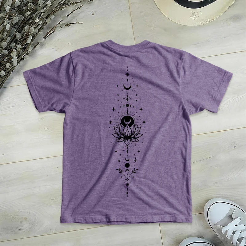 Olivenorma Damen-T-Shirt mit V-Ausschnitt, Mond-Lotus-Motiv, Vorder- und Rückseite doppelt bedruckt