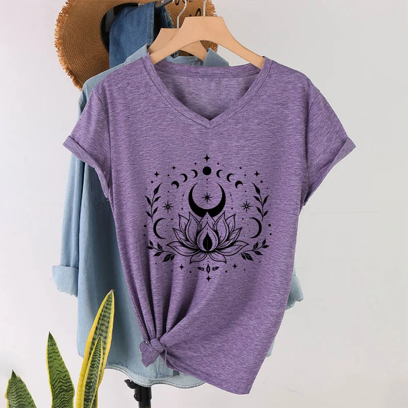 Olivenorma Damen-T-Shirt mit V-Ausschnitt, Mond-Lotus-Motiv, Vorder- und Rückseite doppelt bedruckt
