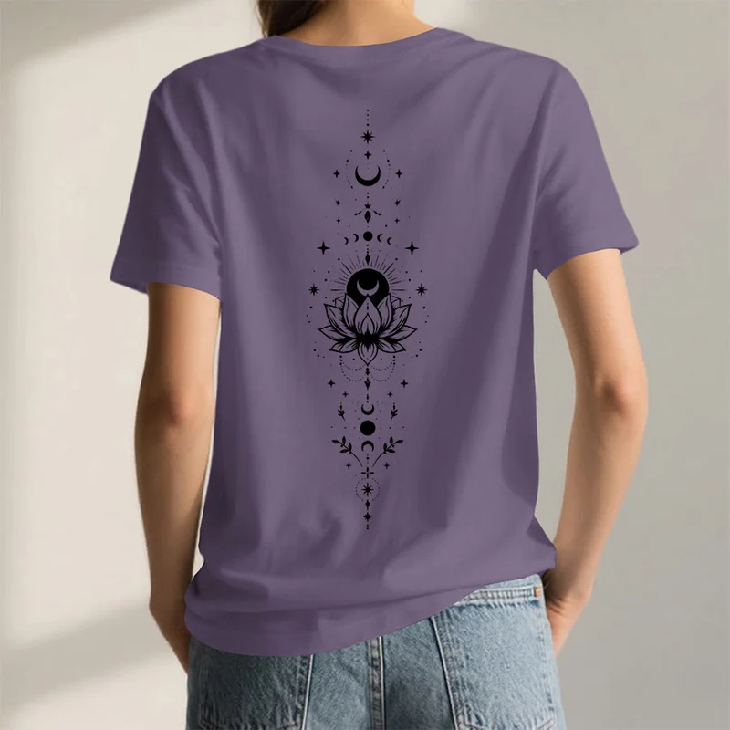 Olivenorma Damen-T-Shirt mit V-Ausschnitt, Mond-Lotus-Motiv, Vorder- und Rückseite doppelt bedruckt