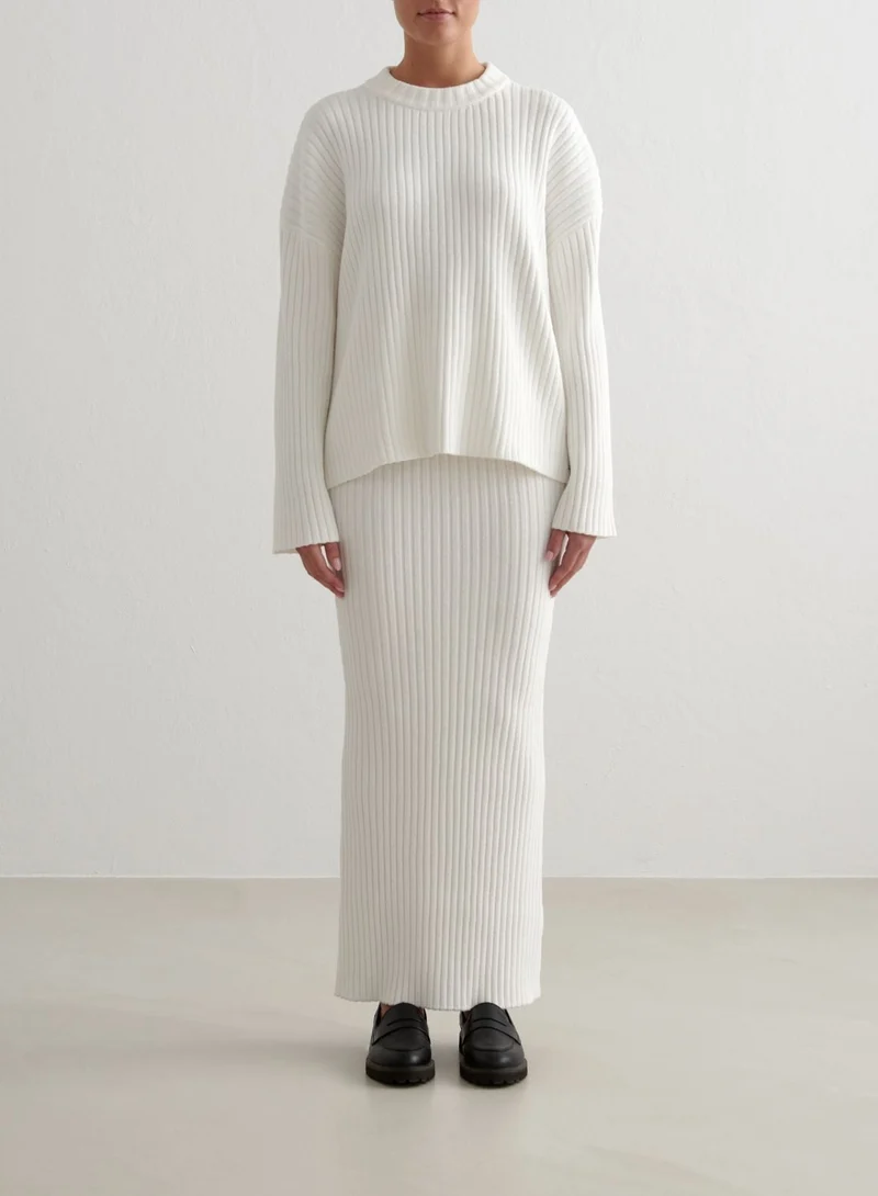 Almond White Rib Knit Maxi Skirt