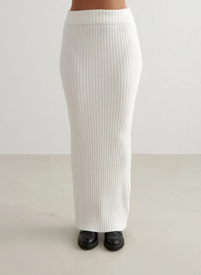 Almond White Rib Knit Maxi Skirt