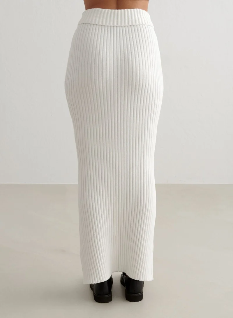 Almond White Rib Knit Maxi Skirt