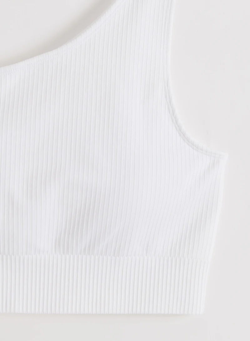 White Ribbed Seamless One Shoulder Bra