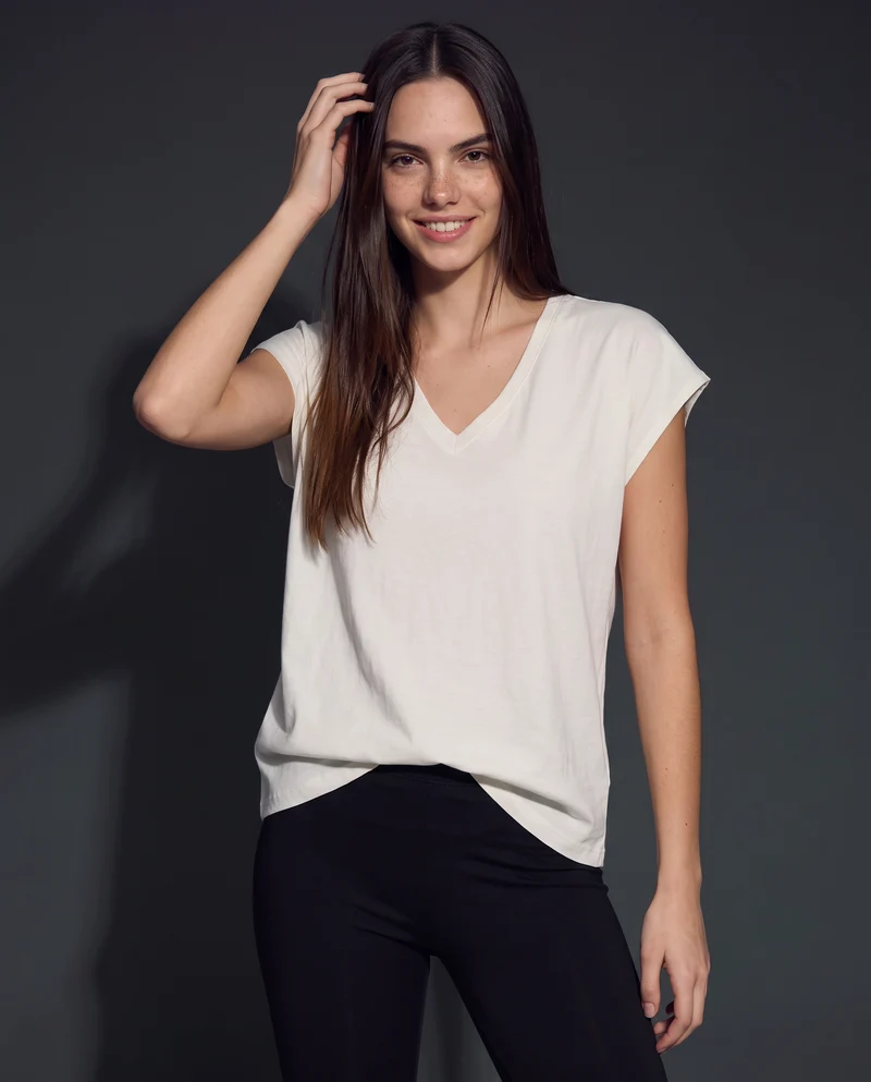 T-Shirt Basica in Cotone con Scollo a V - Avorio