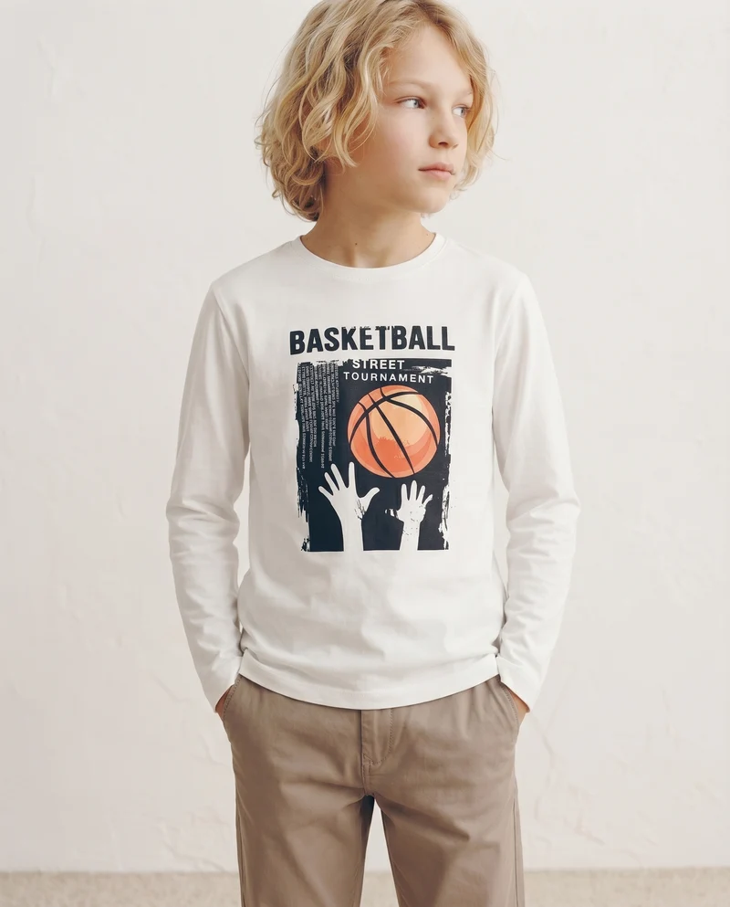 T-shirt maniche lunghe in cotone street - Bianco latte