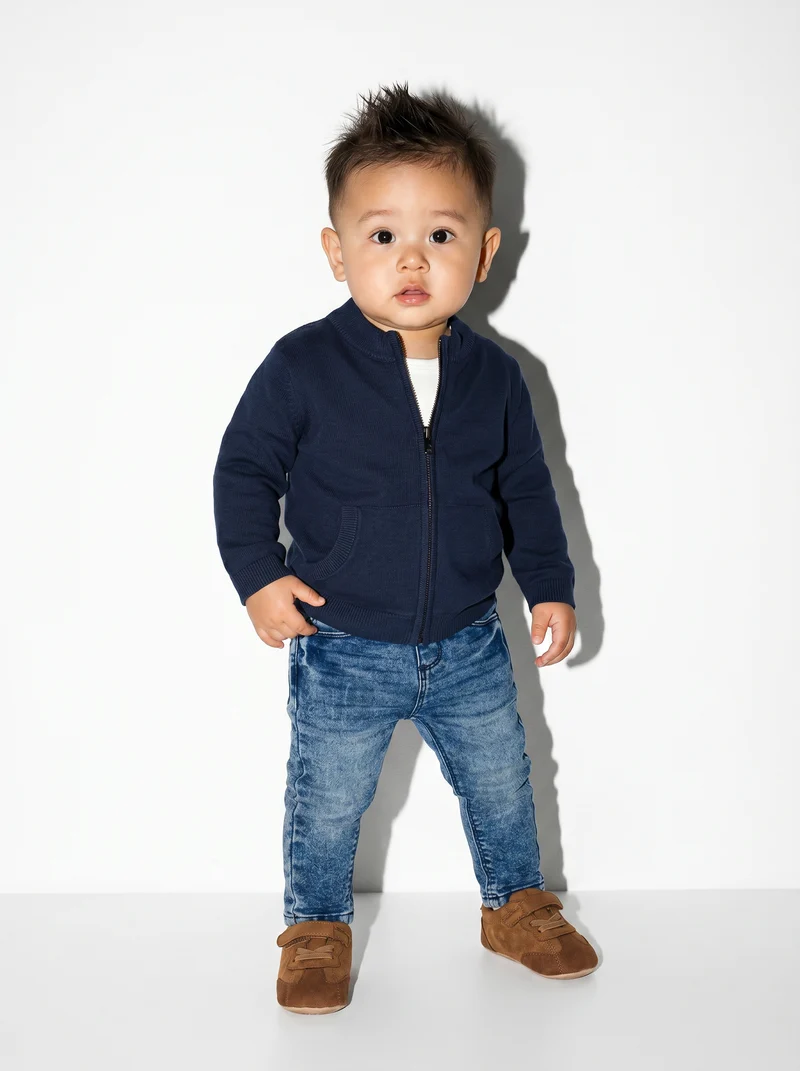 Cardigan basico con zip e tasca canguro - Blu