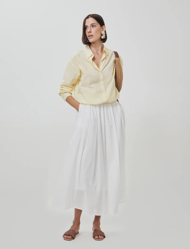 Gonna lunga in cotone con vita arricciata - Bianco