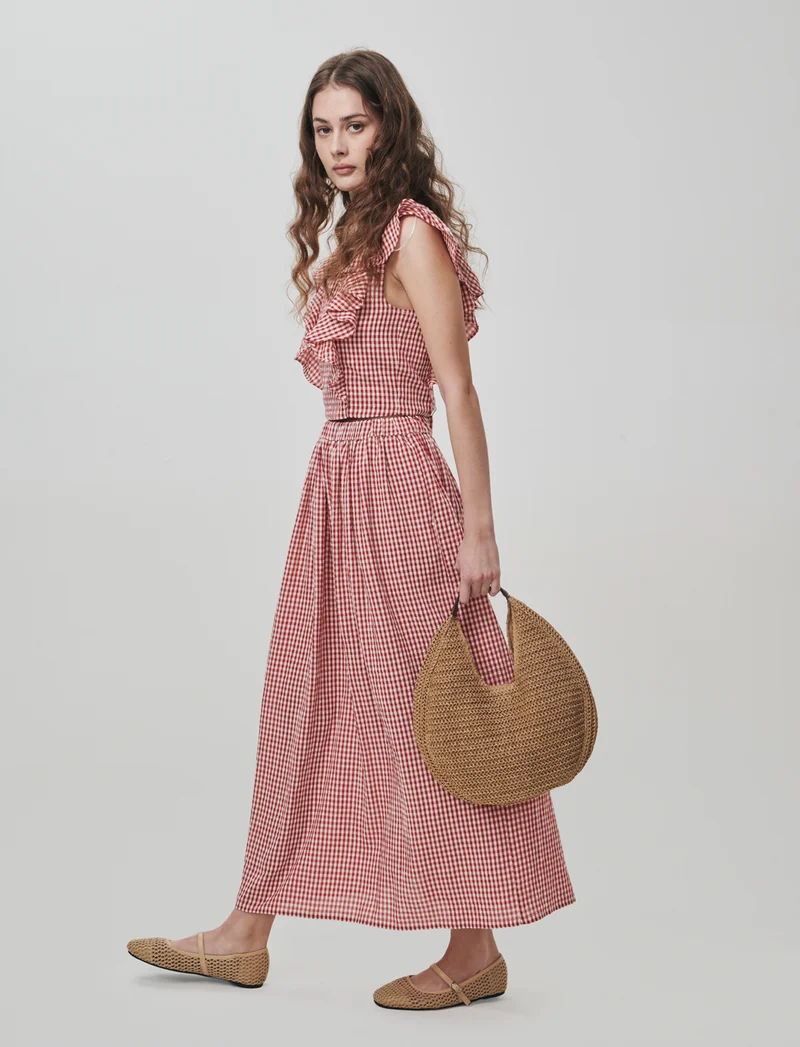 Gonna lunga in stampa Vichy con tasche - Rosso