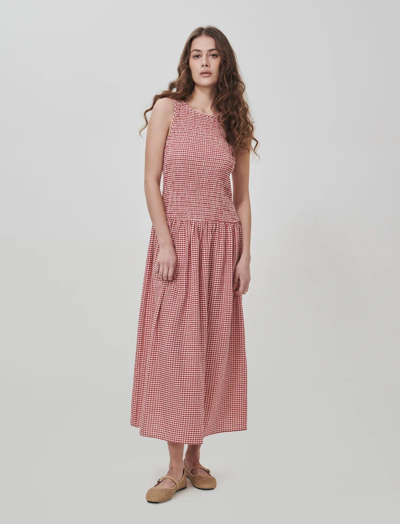 Vestito Smanicato in Stampa Vichy - Rosso