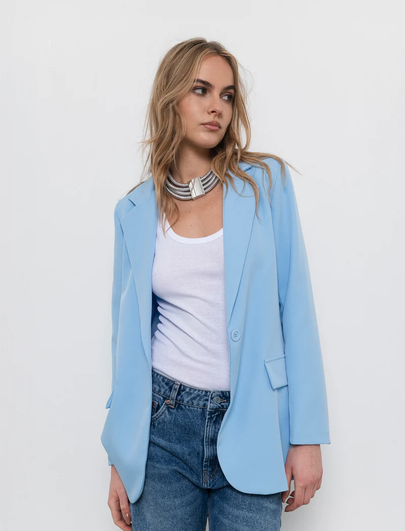 Blazer donna con collo revers e tasche - Celeste