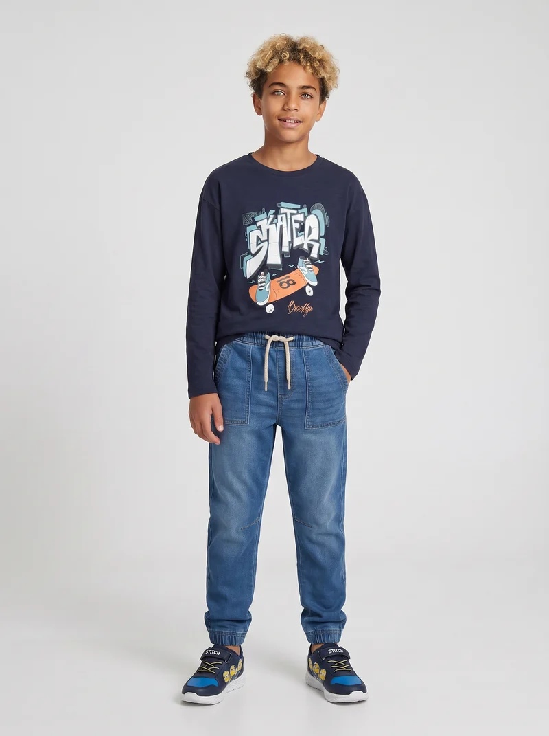 Jogging in denim con vita elasticizzata - Denim