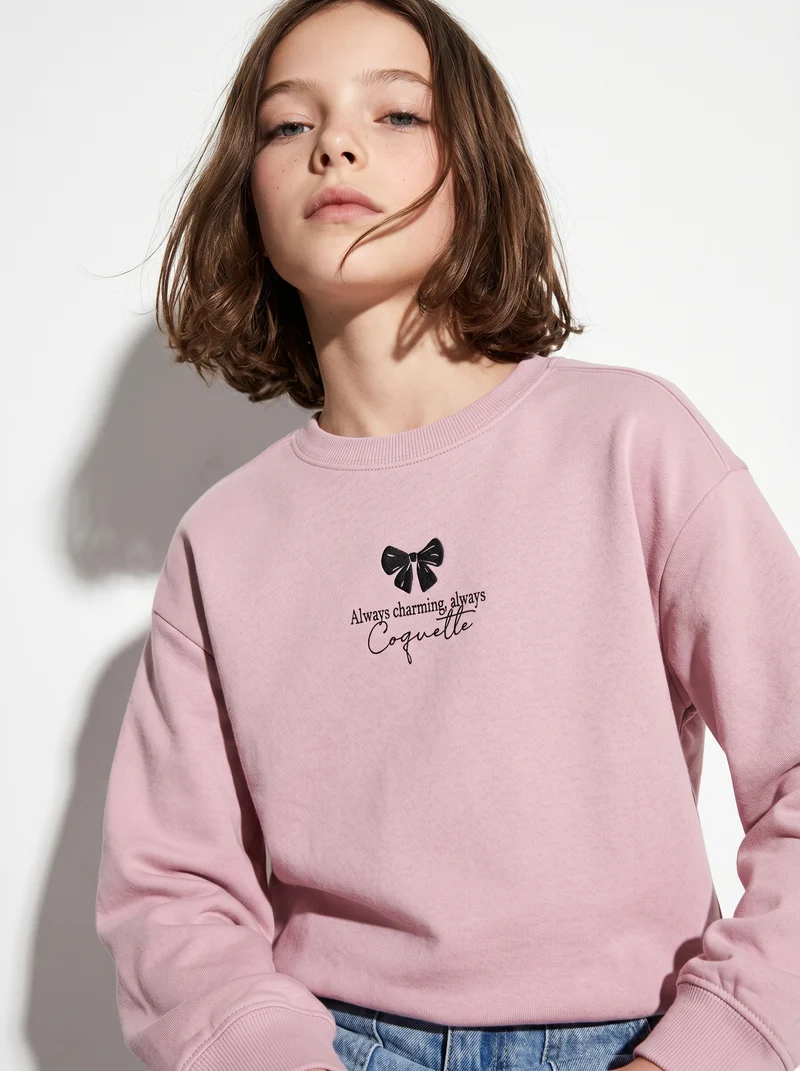 Felpa girocollo manica lunga con stampa - Rosa polvere