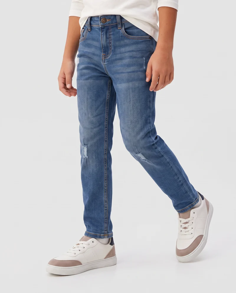Jeans 5 tasche con rotture e patch - Denim