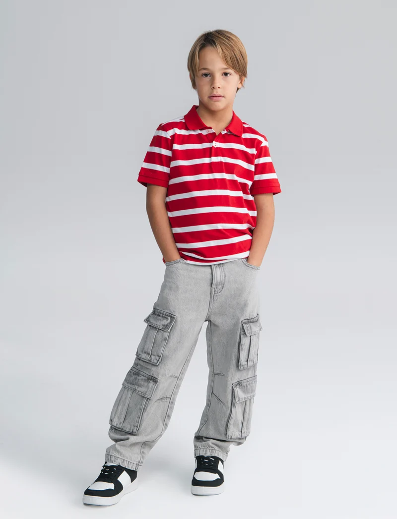 Polo mezza manica a righe in cotone - Rosso