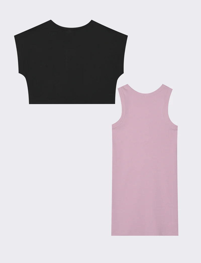 Set 2 pezzi: abito in rib e t-shirt cropped - Rosa