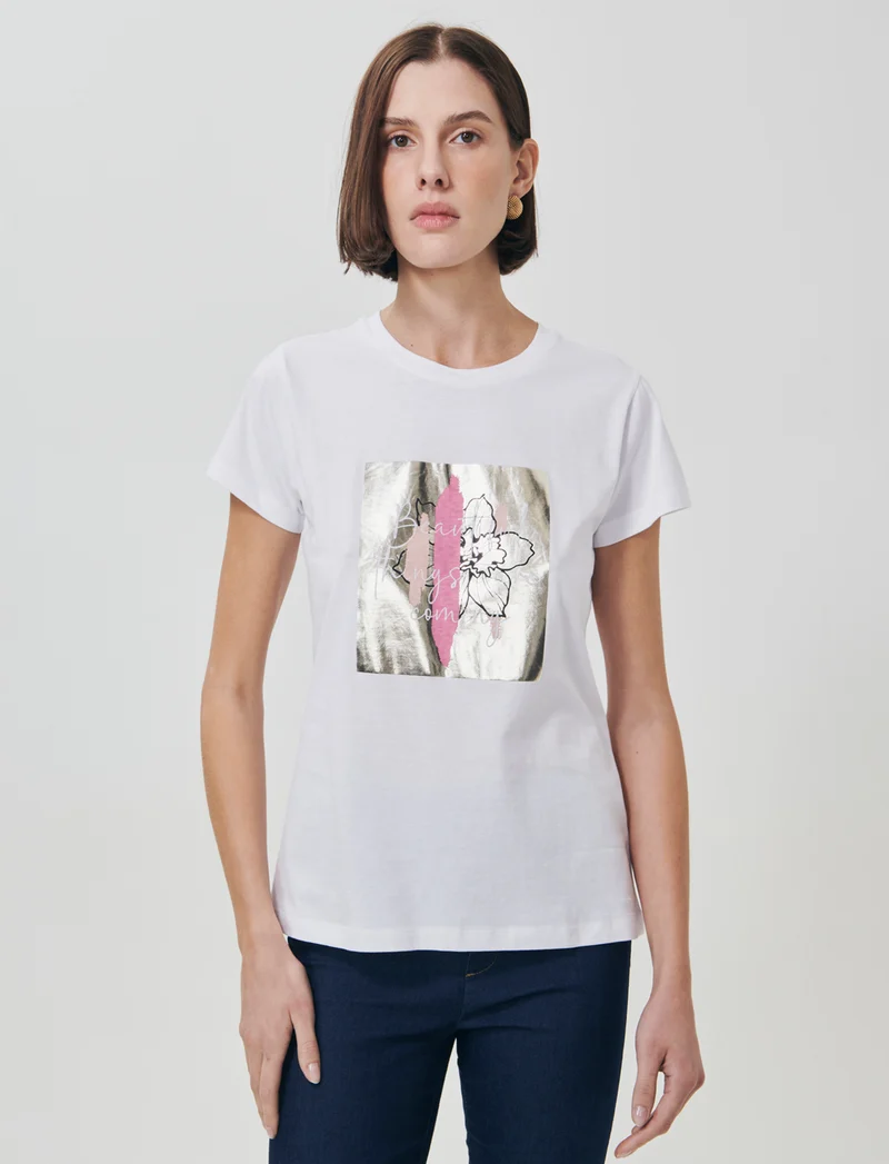 T-Shirt Manica Corta con Stampa - Bianco