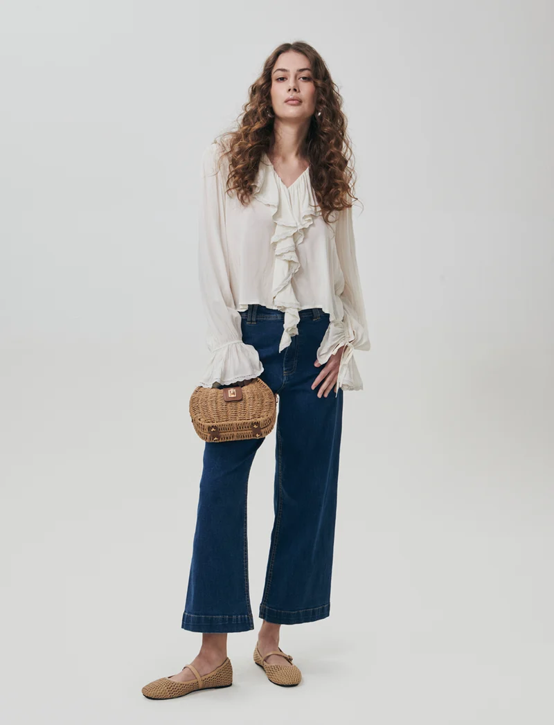 Blusa con rouches e scollo a V - Avorio